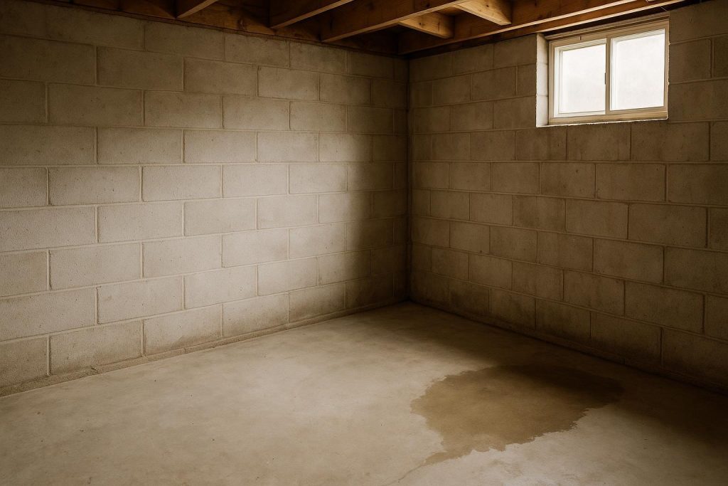 A faint water stain on a basement floor near a wall, representing a basement leak.