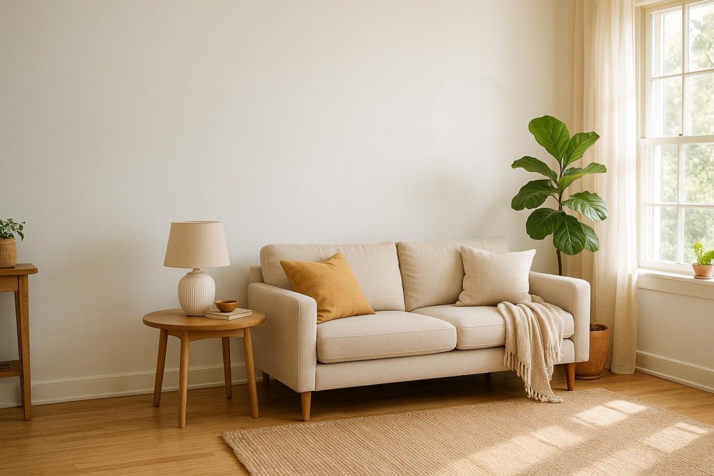 Freshly repaired living room wall with no cracks after wall crack repair.