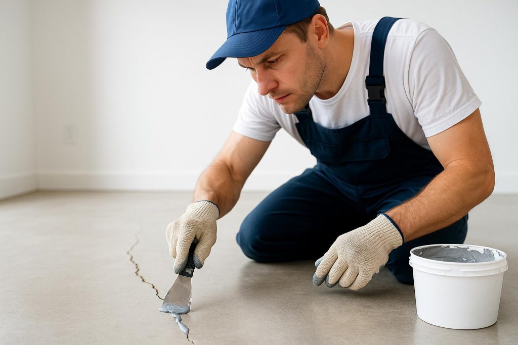 Professional applying concrete floor crack filler in a bright, well-lit workspace.
