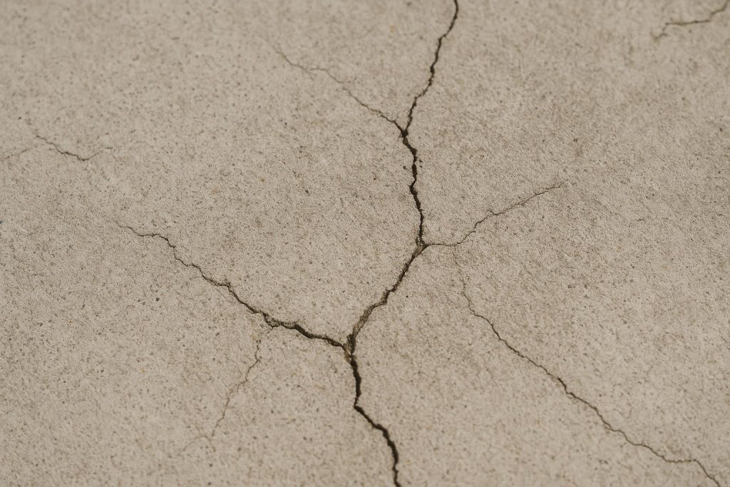 Close-up of small cracks in concrete demonstrating the need for concrete crack sealing.