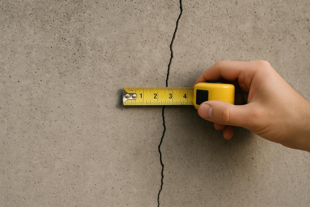 Cracked foundation corner with a measuring tape, illustrating foundation crack sealing.