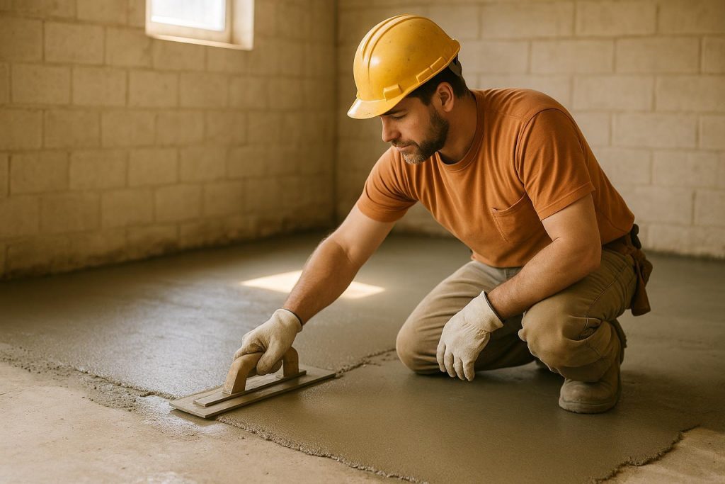 A contractor smoothing fresh concrete in a well-lit basement, depicting concrete repair near me.