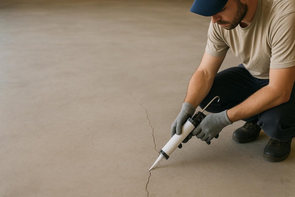 Concrete floor with a sealed crack illustrating a long-term crack fix using non-invasive methods.