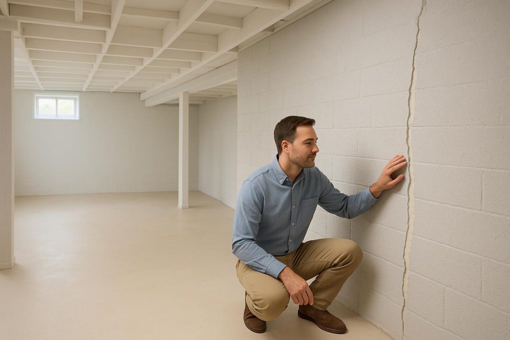 Homeowner inspecting sealed foundation wall crack, illustrating a foundation wall crack repair guarantee benefit.