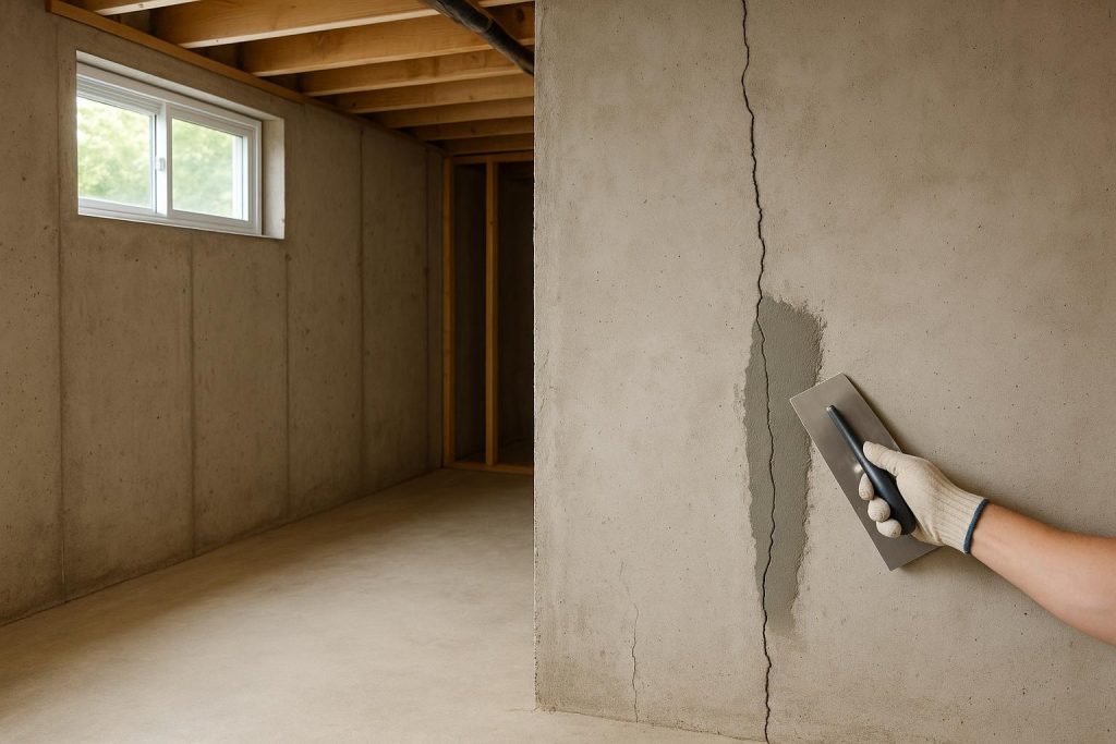 Technician performing foundation crack repair on an interior concrete wall.