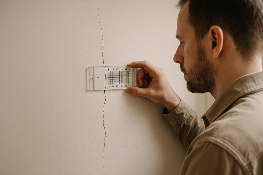 Inspector using crack monitoring tools on a wall to help prevent structural damage.