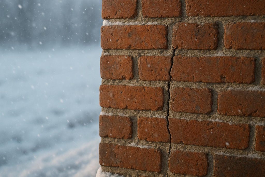 Snowy brick wall showing a small masonry crack worsened by freezing temperatures.