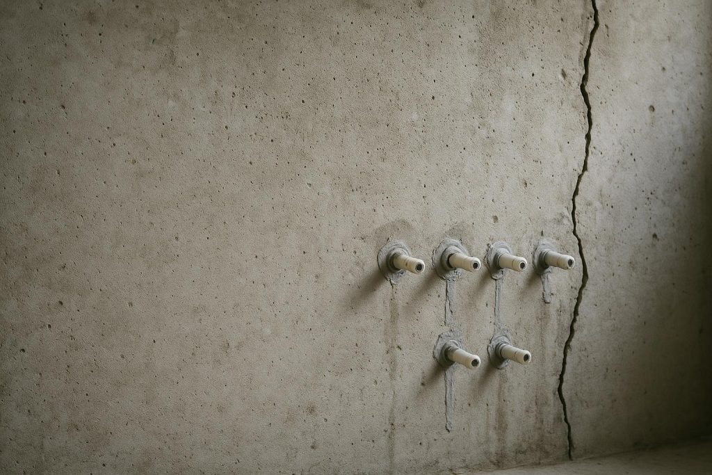 Concrete wall showing injection port for foundation crack injection.