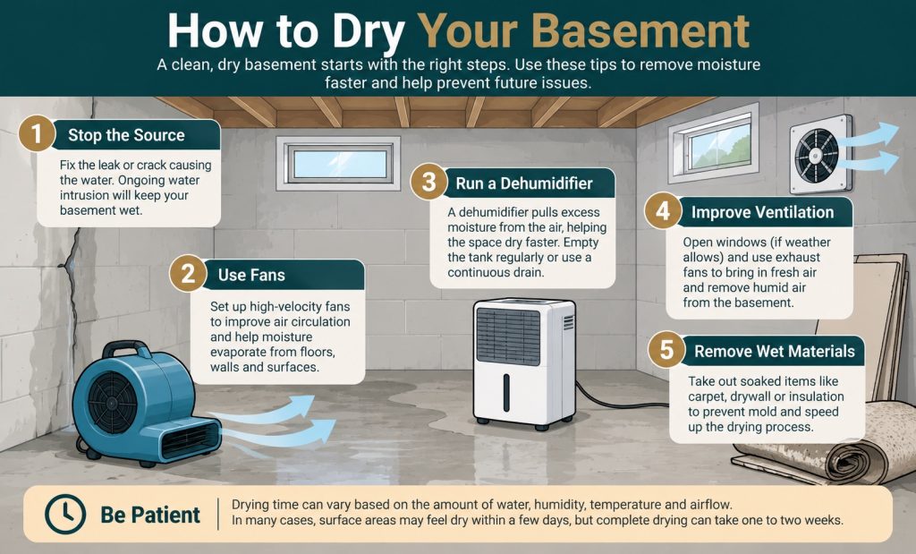 Infographic showing how to dry a wet basement using fans, a dehumidifier, ventilation, leak repair, and removal of wet materials.